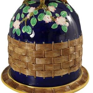 George Jones Apple Blossom Vintage Antique Cobalt Blue Cheese Dome Keeper